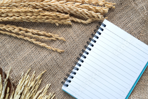 Notebook with rice drying on sackcloth background.