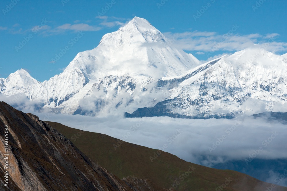 View of Dhaulagiri from Thorong La Pass, Dhaulagiri Himal, Nepal.