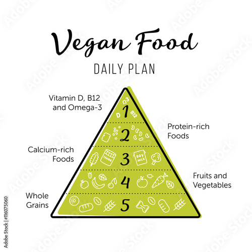 Food pyramid healthy vegan eating infographic. Recommendations of a healthy lifestyle. Thing line icons of products. Vector poster.