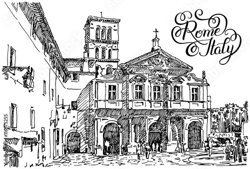 black and white sketch hand drawing of Rome Italy famous citysca