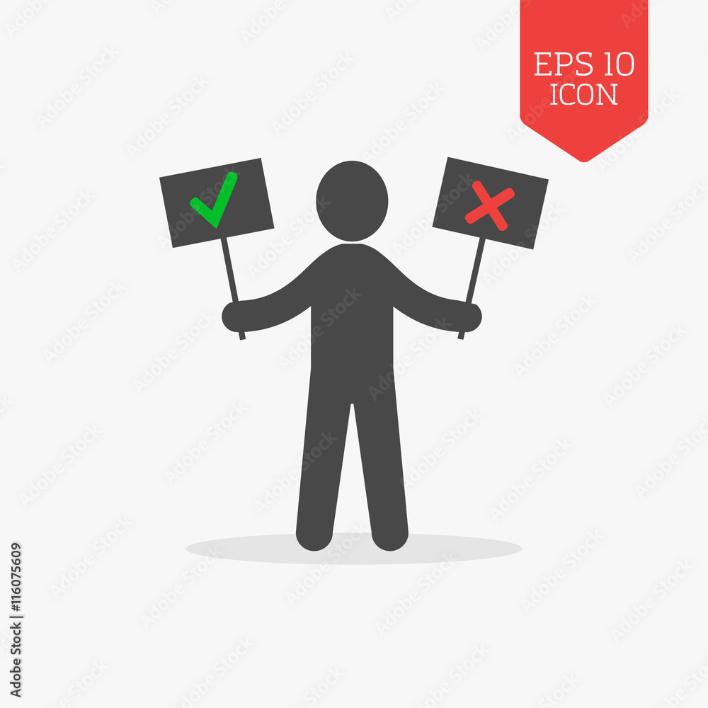 Man holds right and wrong signs icon. Flat design gray color sym Man holds right and wrong signs icon. Flat design gray color sym