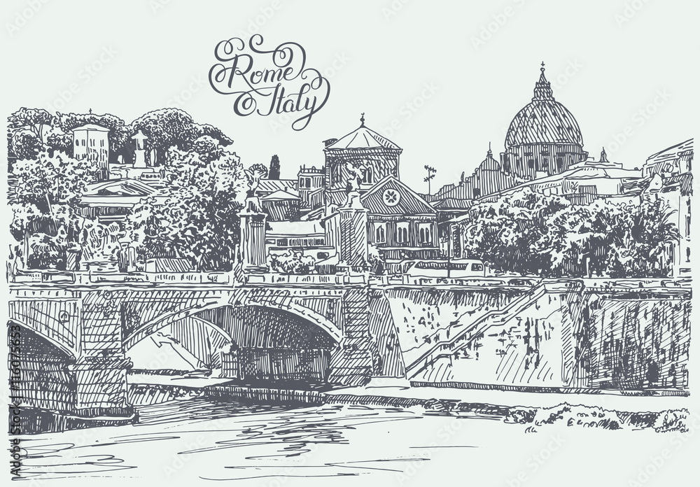 drawing of Rome Italy famous cityscape with hand lettering inscr