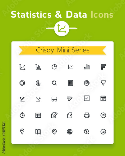 Vector line statistics data analysis and representation tiny icon set. Minimalistic crisp contour icons for the best recognition in small size use