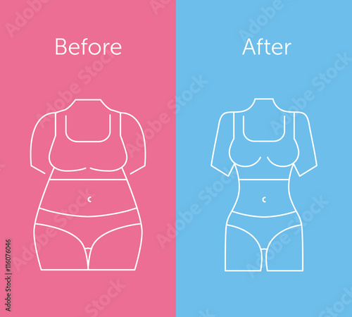 Illustration of a fat and slim woman figure. Before and after diet. Thin line icons. Flat style design.