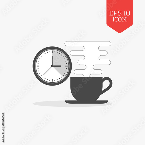 Coffee cup and clock icon. Break time concept. Flat design gray