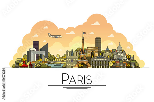 Vector line art Paris, France, travel landmarks and architecture icon. The most popular tourist destinations, city streets, cathedrals, buildings, symbols in one illustration