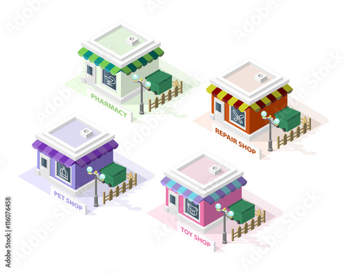 Isometric High Quality City Element with 45 Degrees Shadows on White Background. Pharmac , Pet Shop, Toy Shop and Repair Shop.