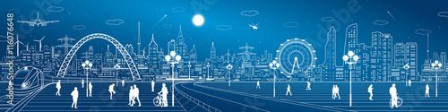 Amazing infrastructure and transport panorama. Train move, railway station, town square, people walk, night city skyline, arch bridge, airplane fly, vector design art