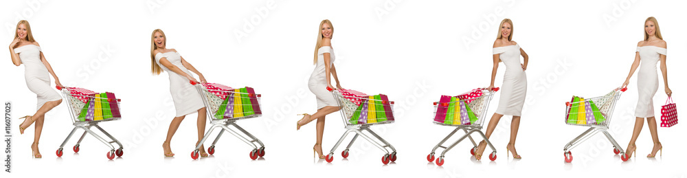 Woman in shopping concept isolated on white Woman in shopping concept isolated on white