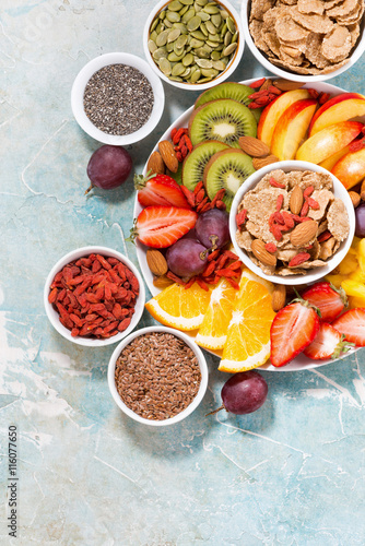 plate of fresh seasonal fruits and superfoods 