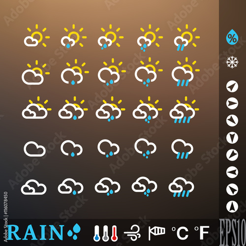 Weather icon set for rainy day. Different intensities (from drizzle to heavy). Vector illustration for web, mobile devices (applications, widgets). Intended for dark background. eps 10
