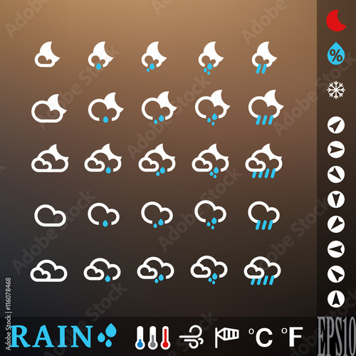 Weather icon set for rainy night. Different intensities (from drizzle to heavy). Vector illustration for web, mobile devices (applications, widgets). Intended for dark background. eps 10