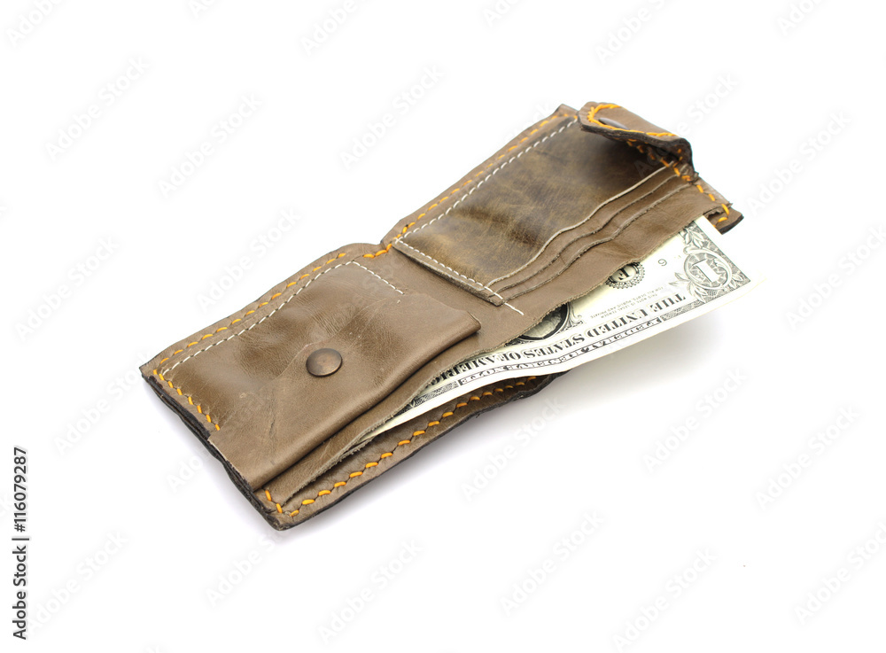 Isolated brown leather wallet with us money banknotes on white b Isolated brown leather wallet with us money banknotes on white b