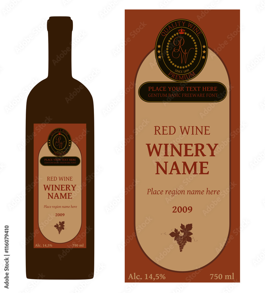 Simple dark wine bottle label design. Place for your text (alcohol level, volume, winery name, region, year etc). With grapes, leaves and vines decoration