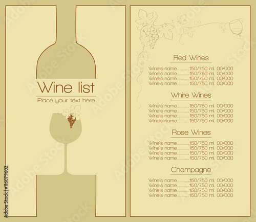 Wine list design for bar, restaurant, wine house or other. With bottle, glass, text and grapes decoration, price list. Place for your text.