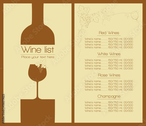 Wine list design for bar, restaurant, wine house or other. With bottle, glass, text and grapes decoration, price list. Place for your text.