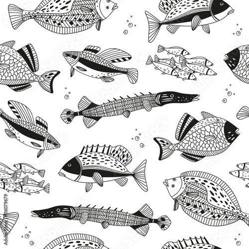 vector seamless pattern with hand drawn fish