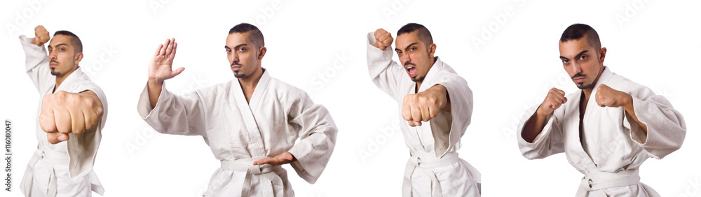 Collage of karate player in kimono isolated on white Collage of karate player in kimono isolated on white