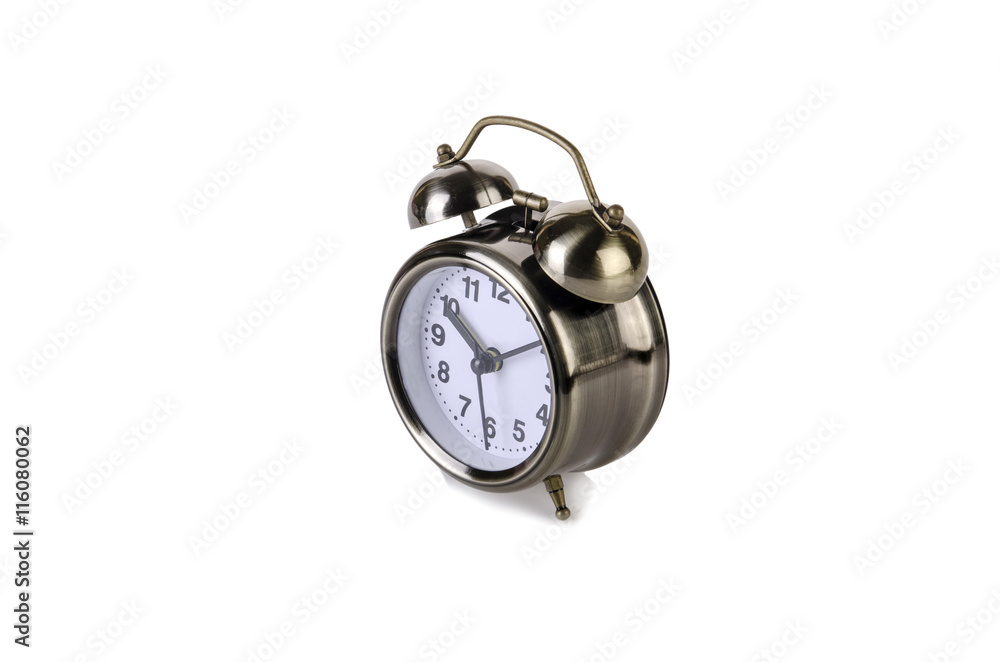 Alarm clock in time concept isolated on white Alarm clock in time concept isolated on white