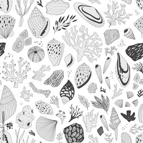 vector hand drawn seamless pattern with shells and corals