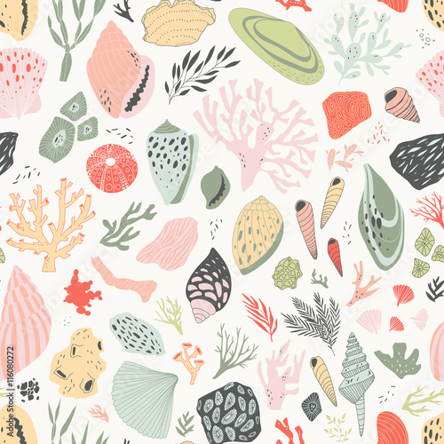 vector hand drawn seamless pattern with shells and corals