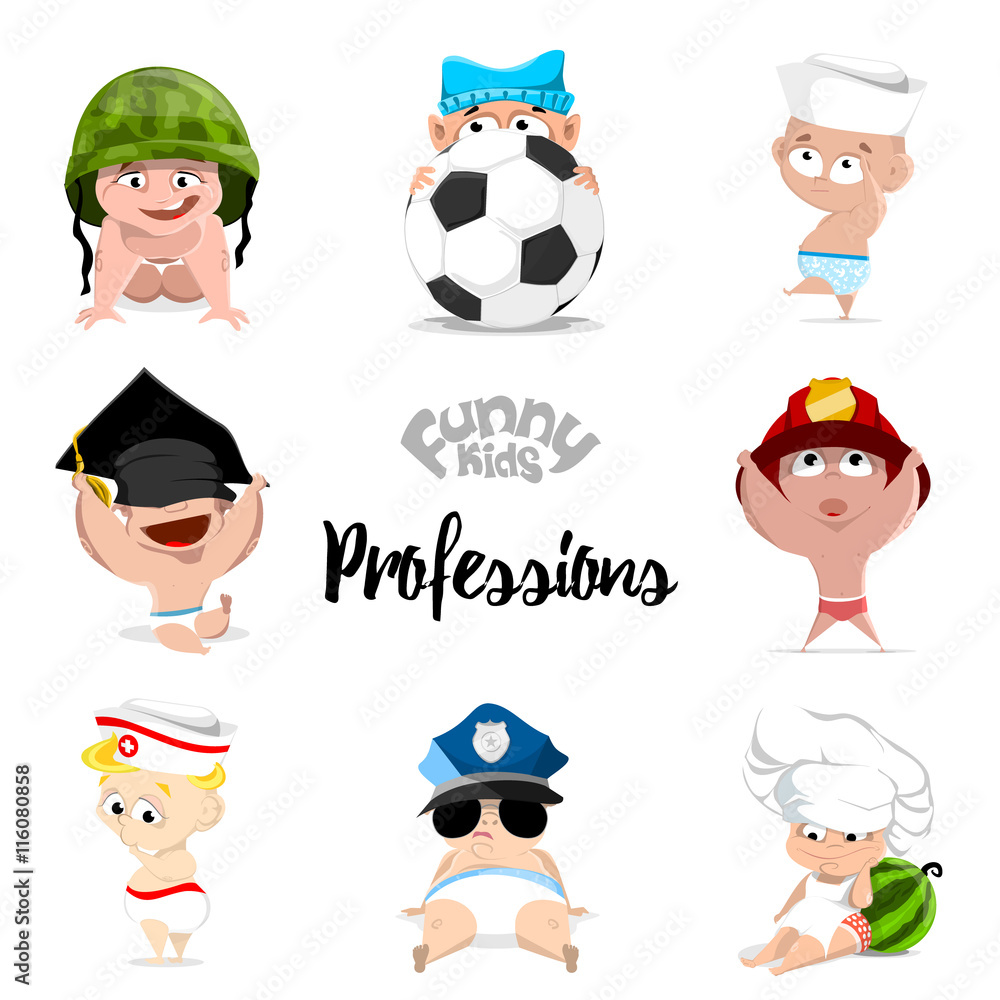 eight children. professions set. flat illustration. vector. nurse, policeman, fireman, footballer, chef, sailor, graduate