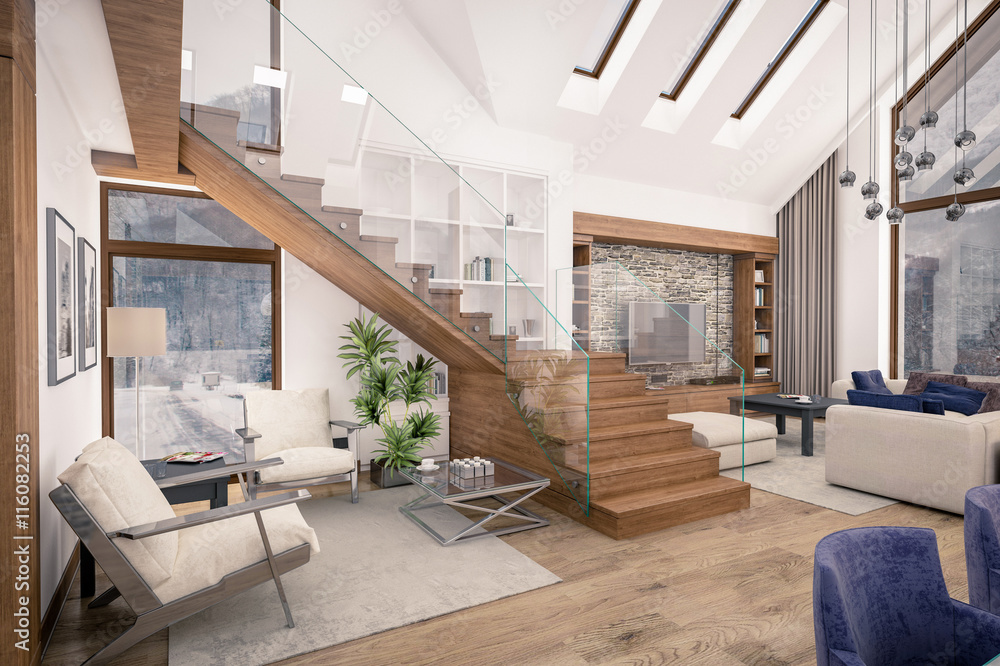 Fototapeta premium 3D rendering of living room of chalet