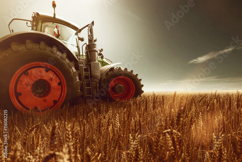 Fototapeta Ciągnik stoi na polu kukurydzy