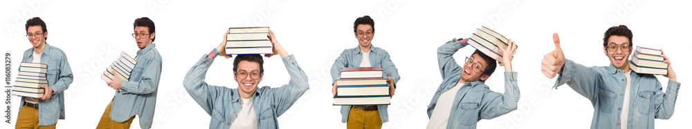 Collage of student with books on white