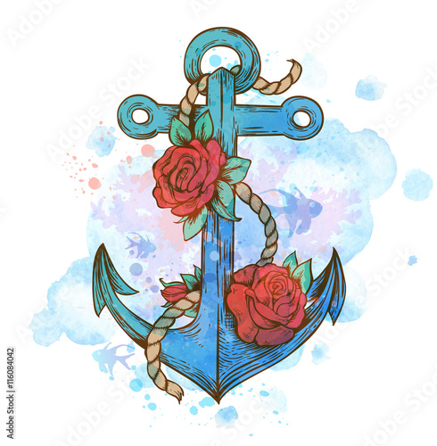 Vintage hand drawn anchor and red roses