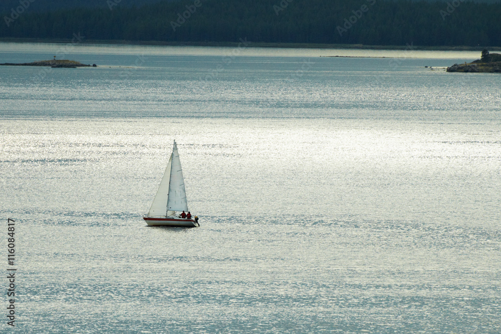 Obraz premium Small lonely yacht against sea