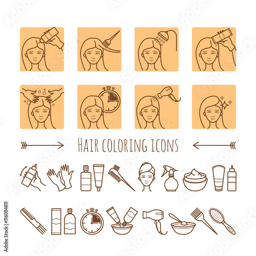 Hair coloring process. Thin line icons