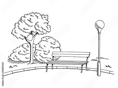 Park graphic art black white bench lamp landscape sketch illustration vector
