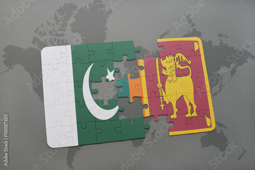 puzzle with the national flag of pakistan and sri lanka on a world map background.