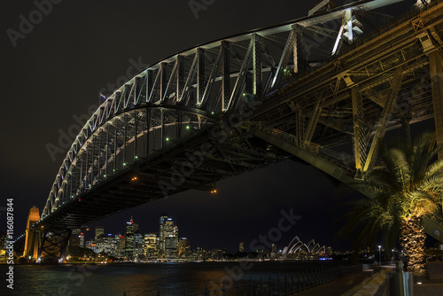 sydney harbour bridge and skyline landmarks in australia at nigh