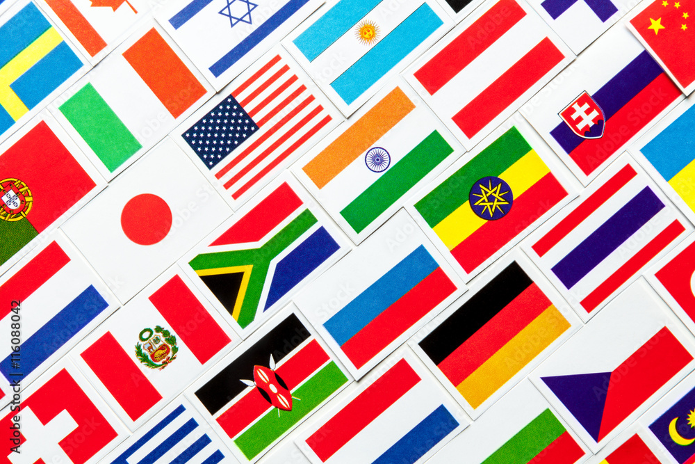 Background of different colorful national flags of the world. Collage
