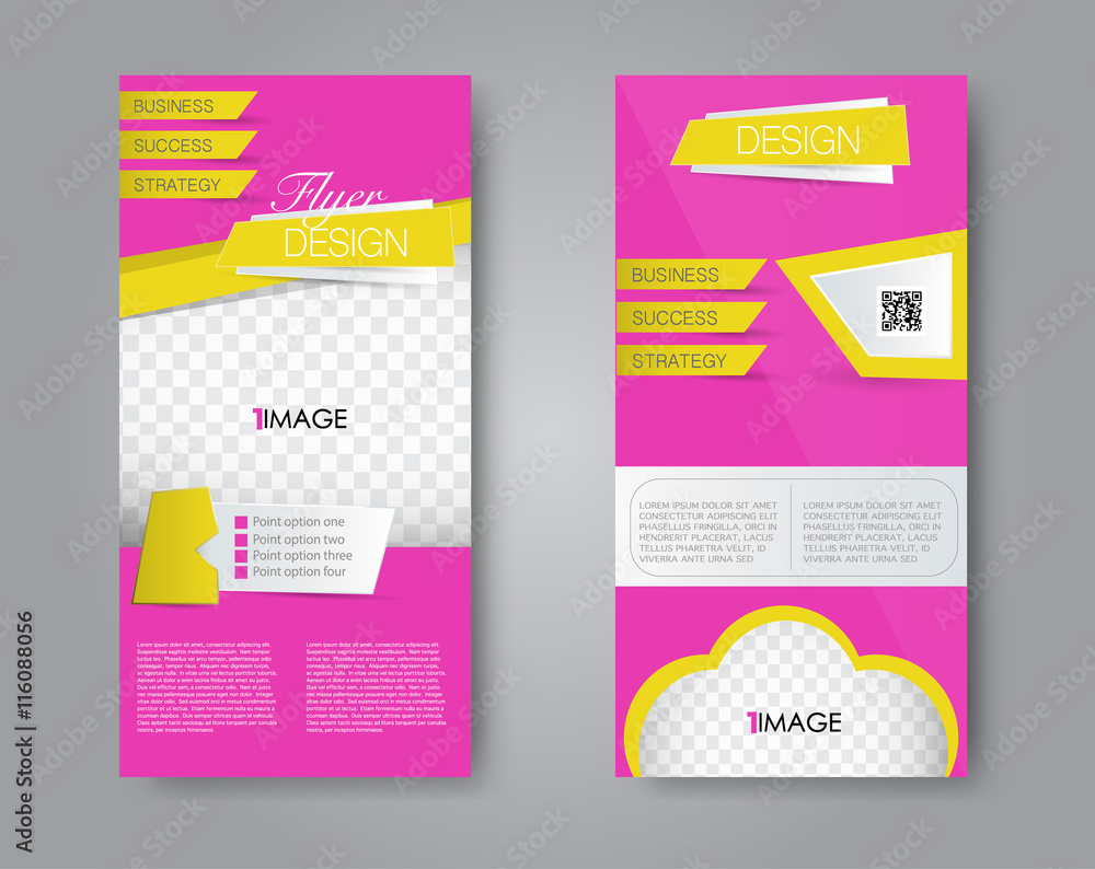 Vector flyer and leaflet design. Set of two side brochure templates. Pink and yellow color. Vector flyer and leaflet design. Set of two side brochure templates. Pink and yellow color.