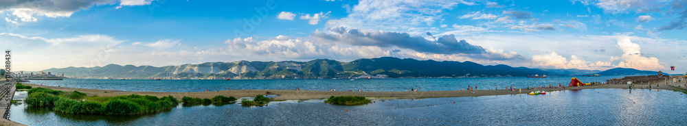 Panoramic view of Tsemes bay, North Caucasus mountains  and Sujuk Kosa beach in Novorossiysk, Russia