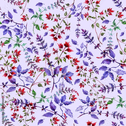  Watercolor pattern from plants, flowers, leaves, grasses,branches © helgafo