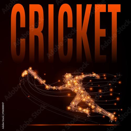 Abstract cricket background. Line point Cricketer in motion on dark. Vector polygonal illustration