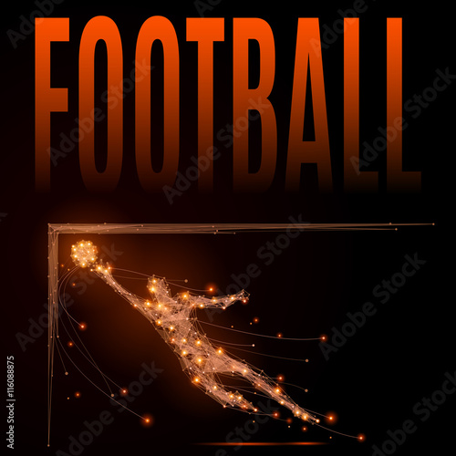 Polygonal footballer in jumping to the ball. Abstract line and point goalkeeper in motion on the black background. Football vector illustration