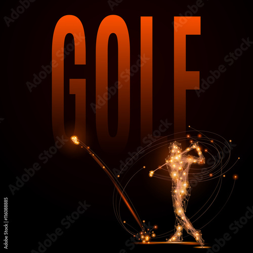 Abstract line Golfer hits the ball. Silhouette of a man made of lines and points in motion. Polygonal background golf competitions. Fire style vector illustration