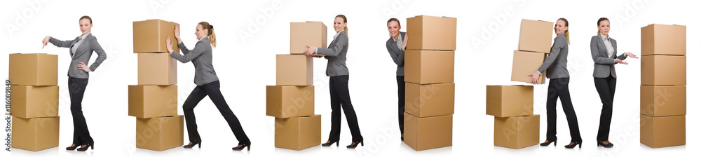 Composite image of woman with boxes on white Composite image of woman with boxes on white