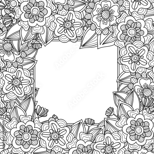 Doodle flowers and leaves invitation card.
Template flowers frame design for a card. Decorative hand drawn vector element border.