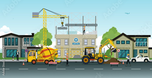Construction and home renovation with cranes and engineers oversee safety first.