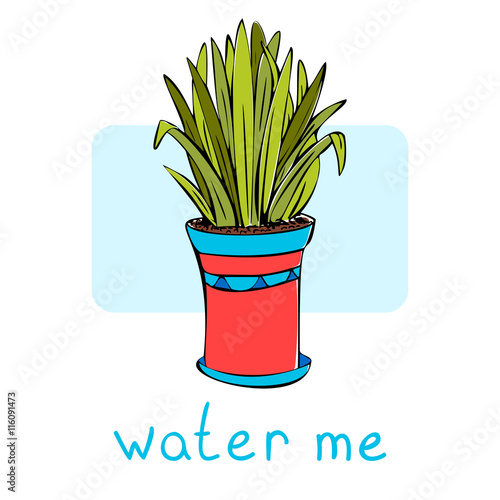 Vector picture of hand drawn plants in the flower-pot. Card with water me title.