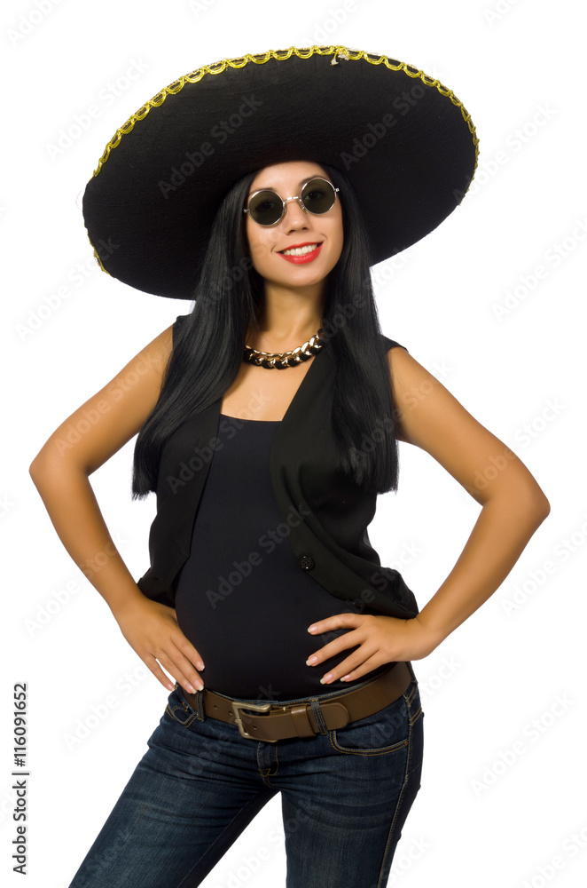 Young mexican woman wearing sombrero isolated on white Young mexican woman wearing sombrero isolated on white