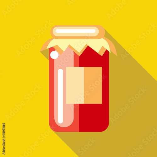Jar of red fruity jam icon in flat style on a yellow background