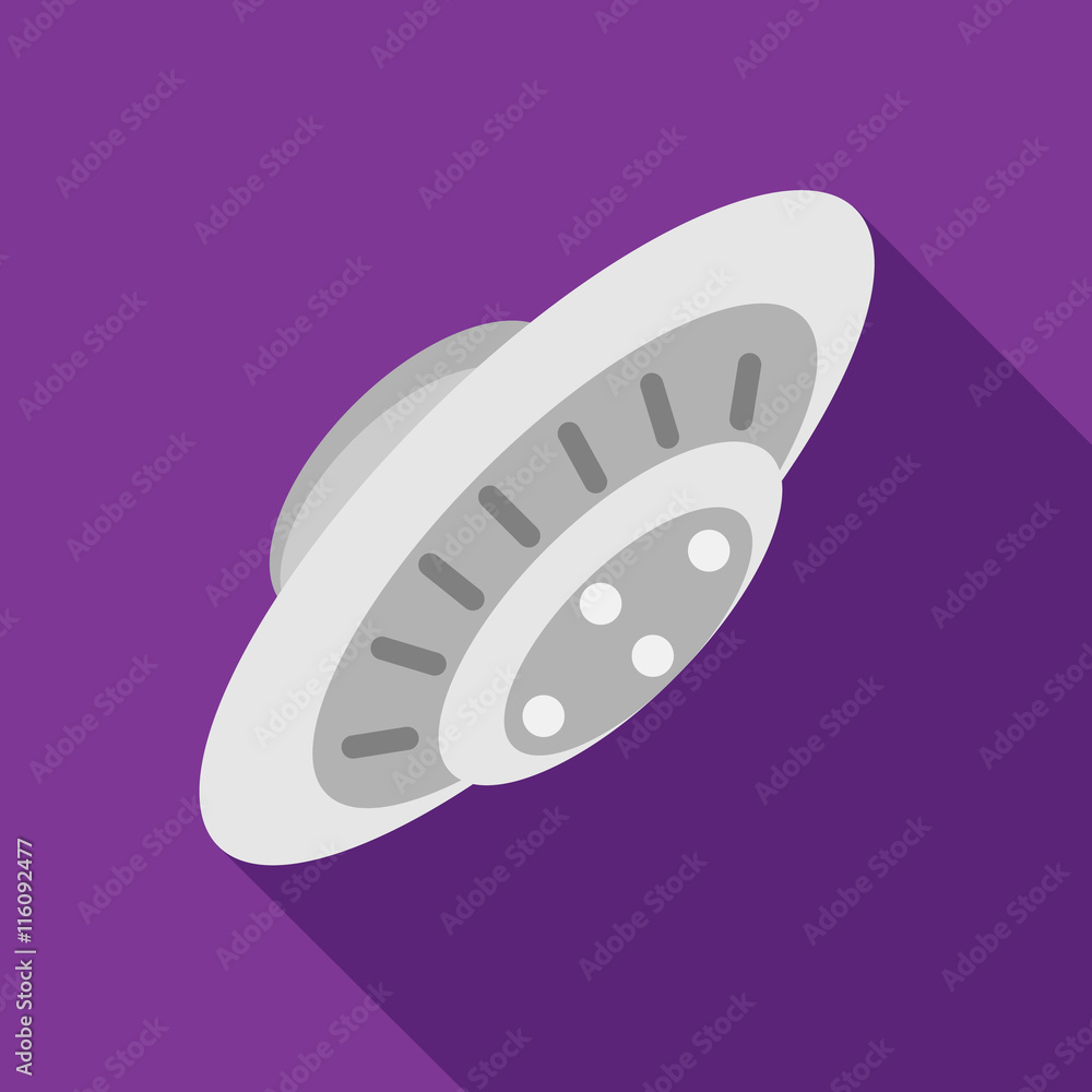 UFO saucer flying icon in flat style on a purple background UFO saucer flying icon in flat style on a purple background