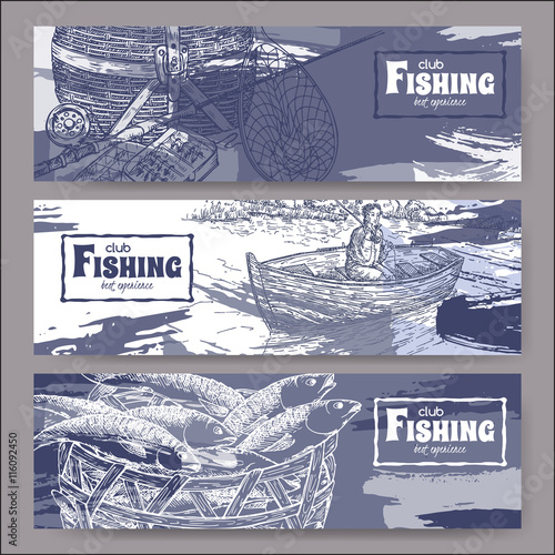 Three landscape banners with fishing related sketches.